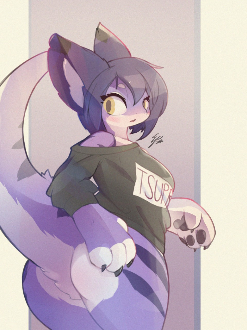 2018 4_fingers anthro big_butt black_shirt blush bottomless breasts butt butt_focus claws clothed clothing digital_media_(artwork) dipstick_tail doorway electrycpynk eyelashes female fur hair hand_on_butt hi_res inner_ear_fluff kemono looking_back multicolored_fur multicolored_tail navel open_mouth pawpads pink_fur presenting presenting_hindquarters purple_fur purple_hair raised_tail rear_view seductive signature simple_background solo standing striped_tail stripes thick_thighs tsukiyo unknown_species white_fur yellow_eyes