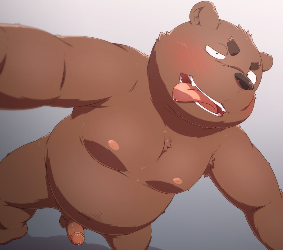 2019 anthro balls belly blush brown_fur cum erection fur humanoid_penis male mammal moobs nipples overweight overweight_male penis penta002 simple_background solo teeth tongue tongue_out ursid