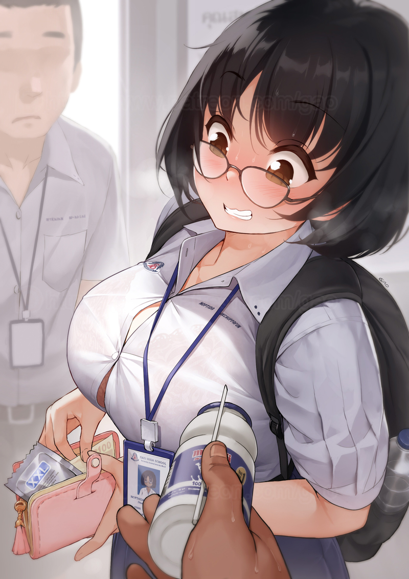 1girl 2boys backpack bag bangs belt black_bag black_belt black_hair blush bottle bra breasts brown_eyes check_copyright clenched_teeth collarbone condom condom_wrapper copyright_request drinking_straw embarrassed english_commentary eyebrows_visible_through_hair frown gao_(gaolukchup) giving glasses id_card lanyard large_breasts looking_down money multiple_boys no_eyes original portmanteau school_uniform shirt short_hair short_sleeves solo_focus sweat teeth underwear water_bottle white_shirt