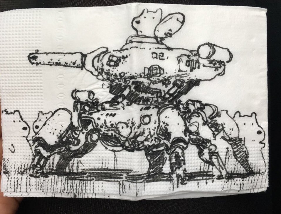 bear crowd english_commentary ink_(medium) mecha napkin no_humans original photo_(medium) piston prog_(progwwww) science_fiction sketch solo_focus standing traditional_media turret