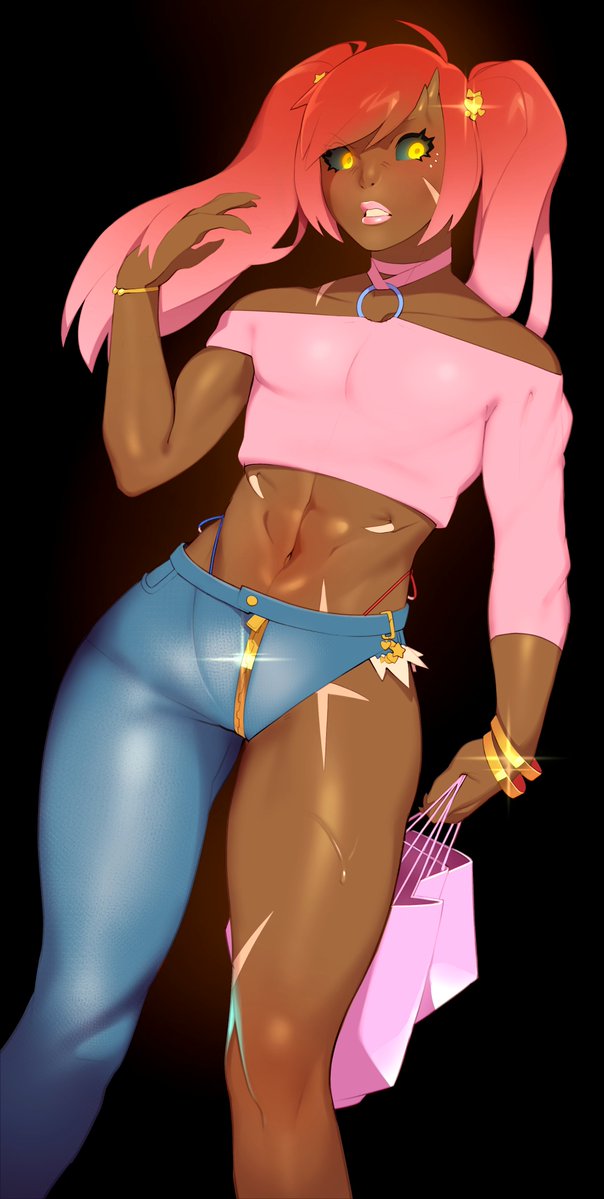 1boy abs ahoge asymmetrical_clothes bag bangle bangs bare_shoulders black_background black_sclera blue_pants blush bracelet choker collarbone colored_sclera combos_&amp;_doodles crop_top dark_skin dark_skinned_male denim doom_(series) english_commentary feet_out_of_frame fingernails glowing glowing_eyes gold_bracelet hair_flip hair_ornament heart heart_hair_ornament highleg highleg_panties humanization imp_(doom) jeans jewelry lipstick long_hair looking_at_viewer makeup male_focus midriff navel o-ring o-ring_top off-shoulder_shirt off_shoulder otoko_no_ko panties pants pink_choker pink_lips pink_shirt scar scar_on_cheek scar_on_face scar_on_leg sharp_fingernails shirt shopping_bag side-tie_panties single_pantsleg solo standing sweat swept_bangs thick_thighs thighs twintails underwear yellow_eyes zipper_pull_tab