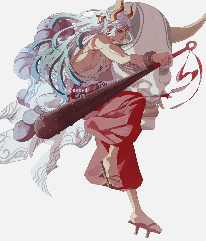 1girl androgynous biceps blue_hair breasts chain cleavage club cuffs curled_horns floating_hair from_side full_body geta green_hair hair_ornament hair_stick hakama holding holding_weapon horns japanese_clothes kanabou kataginu lips long_hair mask multicolored_hair multicolored_horns one_piece oni oni_mask parted_lips ponytail red_horns rope shackles shimenawa sid_(skxviii) sideboob sidelocks solo toes toned twitter_username v-shaped_eyebrows very_long_hair watermark weapon white_hair yamato_(one_piece) yellow_horns