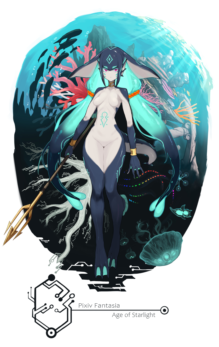 3_toes accio animal_humanoid bioluminescence blue_body blue_skin breasts countershading featureless_breasts featureless_crotch feet fin fin_ears glowing hi_res humanoid jewelry marine marine_humanoid markings melee_weapon membrane_(anatomy) non-mammal_breasts nude pink_eyes pixiv_fantasia polearm pseudo_hair small_waist solo toes trident underwater water weapon webbed_feet