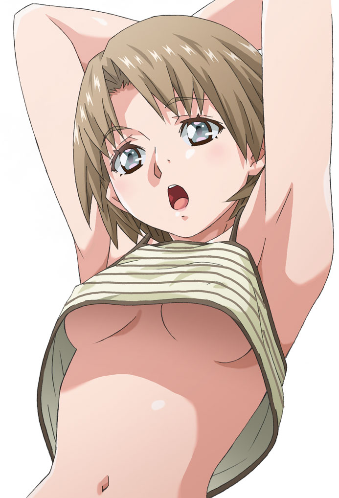 1girl :o amano_yo-ki armpits arms_behind_head breasts camisole covered_nipples crop_top crop_top_overhang light_brown_hair medium_breasts midriff navel open_mouth original shirt silver_eyes solo striped striped_shirt underboob upper_body