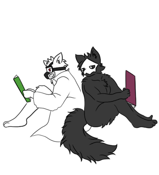 ambiguous_gender anthro back_to_back black_body black_fur black_sclera canid canine canis changed_(video_game) clothed clothed/nude clothing coat dr._k_(changed) duo fluffy fluffy_tail fur gas_mask ion_cannon_(artist) lab_coat male mammal mask no_pupils nude puro_(changed) reading reading_book red_eyes simple_background sitting sitting_together topwear white_background white_body white_eyes white_fur wolf