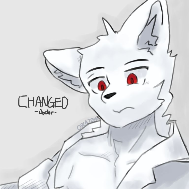 anthro canid canine canis changed_(video_game) clothing coat dr._k_(changed) eyebrows fur grey_background inner_ear_fluff lab_coat male mammal orcatemi raised_eyebrow red_eyes simple_background solo topwear tuft white_body white_fur wolf