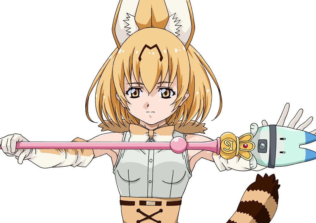 1girl amano_yo-ki animal_ears bishoujo_senshi_sailor_moon blonde_hair bow bowtie breasts elbow_gloves expressionless extra_ears gloves kemono_friends parody scepter serval_(kemono_friends) serval_ears serval_girl serval_print serval_tail sleeveless small_breasts solo striped_tail tail upper_body yellow_eyes