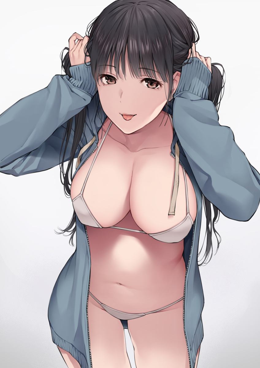 1girl :p arms_up bangs bikini bikini_under_clothes black_hair blue_jacket breasts brown_eyes bunching_hair collarbone cowboy_shot drawstring eyebrows_visible_through_hair groin highres holding holding_hair hood hooded_track_jacket jacket large_breasts looking_at_viewer no_pants original simple_background sleeves_past_wrists solo standing string_bikini swimsuit team_lucky tongue tongue_out track_jacket unzipped white_bikini
