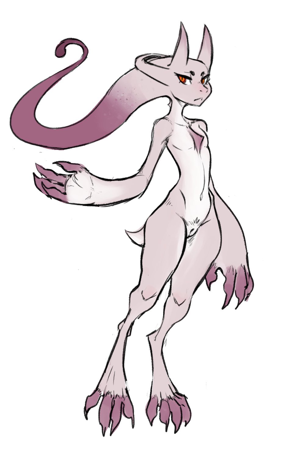 anthro claws feet female flat_chested genitals guoh hi_res legendary_pok&eacute;mon looking_at_viewer mega_evolution mega_mewtwo mega_mewtwo_y navel nintendo pok&eacute;mon pok&eacute;mon_(species) pupils pussy red_eyes simple_background sketch skinny slit_pupils solo toe_claws toes video_games