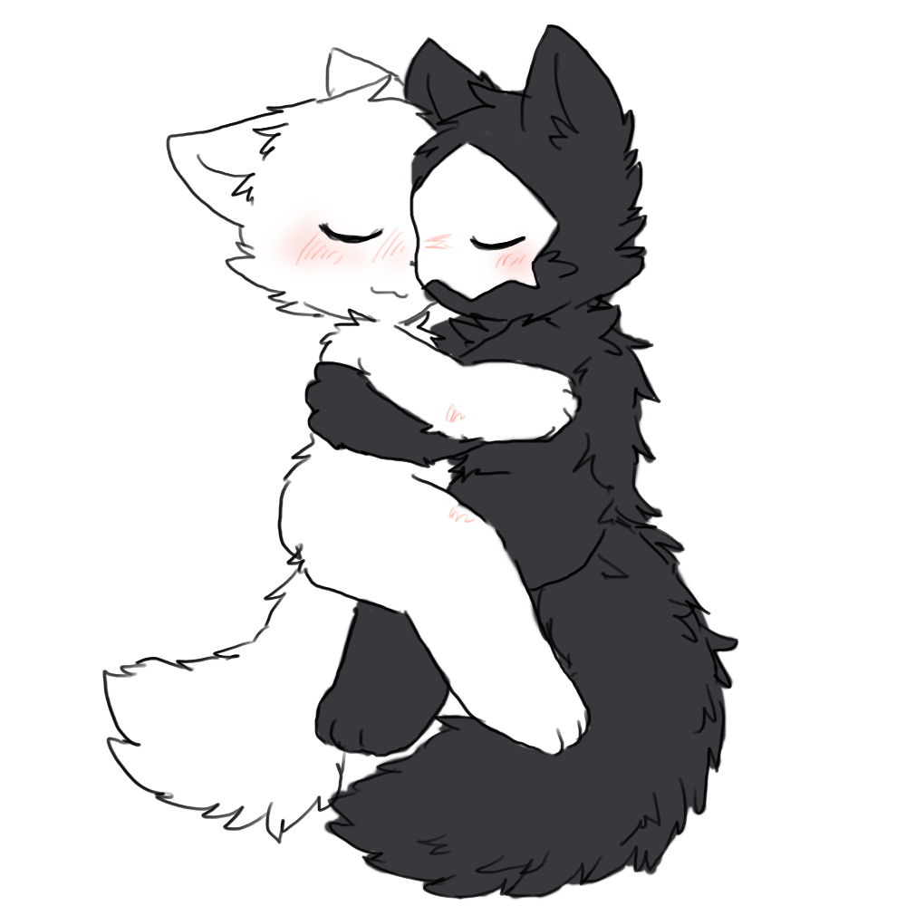 ambiguous_gender anthro black_body black_fur blush canid canine canis changed_(video_game) chano duo eyes_closed fur hug lin_(changed) male mammal mask one_eye_obstructed puro_(changed) simple_background sleeping sleeping_together white_background white_body white_fur wolf