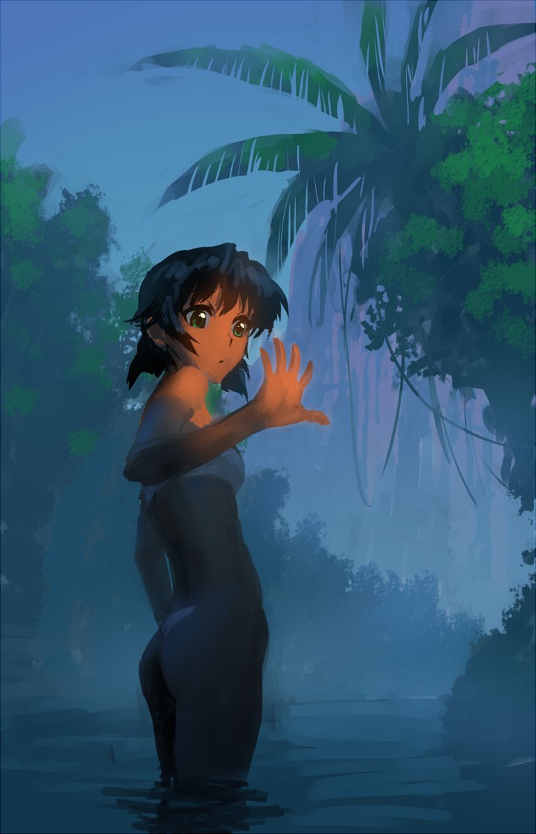 1girl ass breasts dark_skin dark_skinned_female fushigi_no_umi_no_nadia green_eyes highres looking_at_viewer maebari nadeara_bukichi nadia purple_hair short_hair solo strapless tree tubetop water