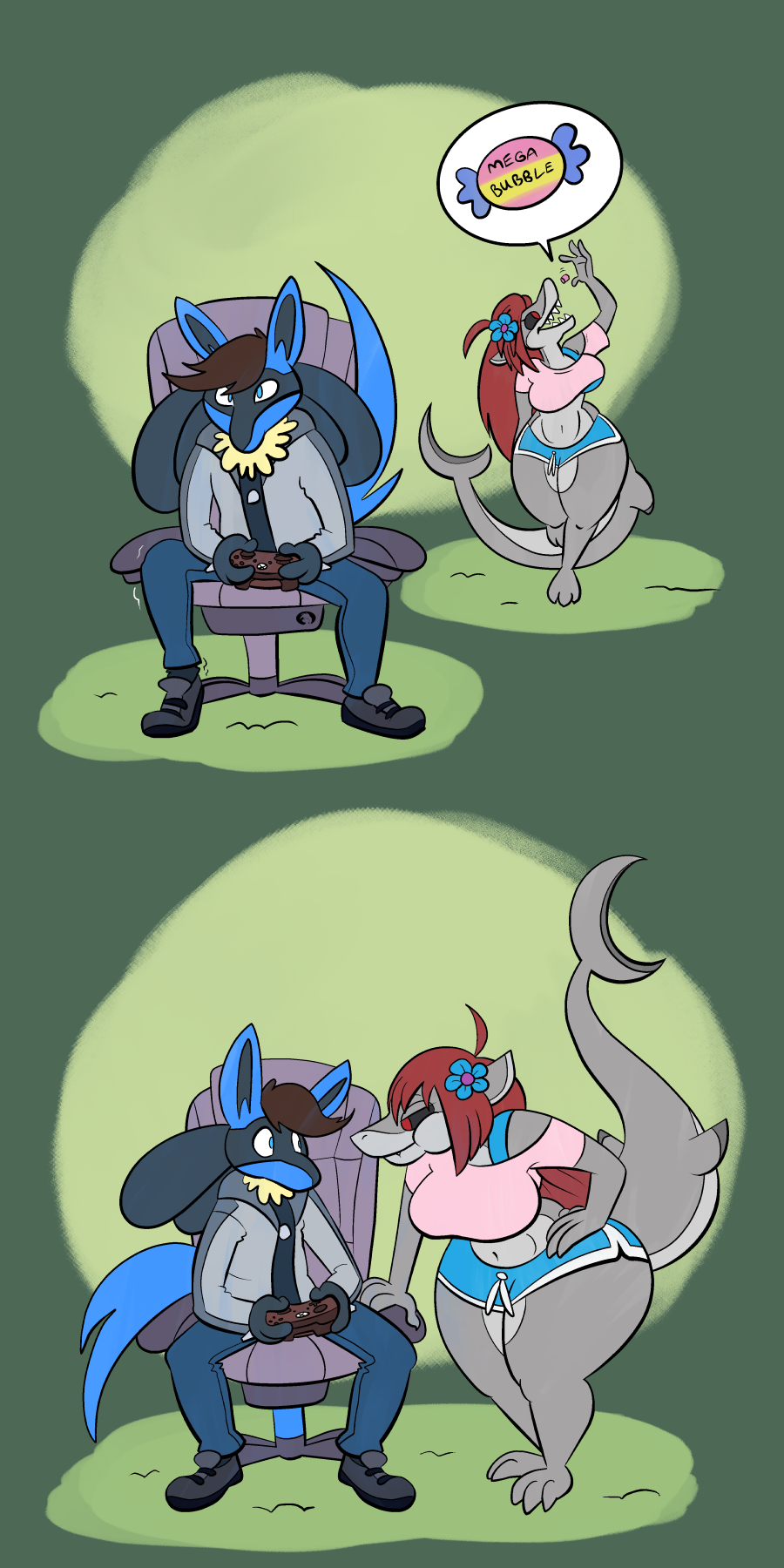 bubble_gum chair female fish furniture gaming hi_res lucario male marine nintendo pok&eacute;mon pok&eacute;mon_(species) shark trevor-fox video_games