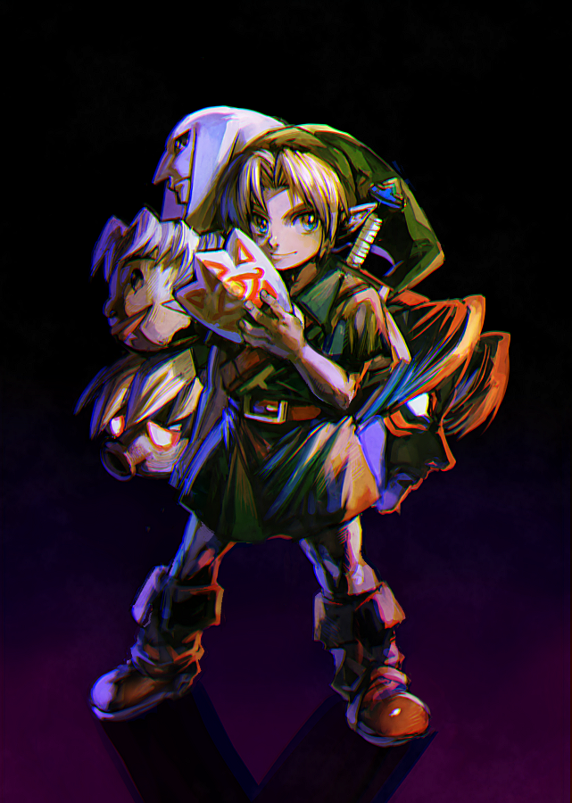 1boy aoki_(fumomo) bangs belt blue_eyes boots brown_belt brown_footwear commentary_request deku goron green_headwear green_shirt green_skirt hat holding holding_mask knee_boots legs_apart link mask mask_removed no_pupils pointy_ears red_eyes sad shirt short_hair skirt smile standing sword the_legend_of_zelda the_legend_of_zelda:_majora's_mask tunic weapon young_link zora