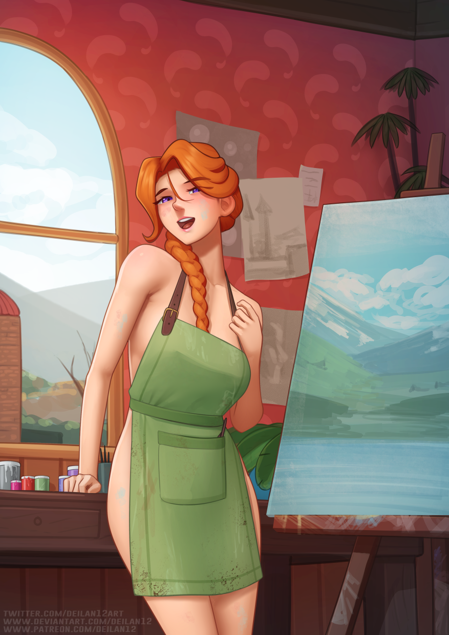 1girl :d apron braid cowboy_shot day deilan12 deviantart_username easel english_commentary green_apron highres indoors leah_(stardew_valley) long_hair naked_apron open_mouth orange_hair paint patreon_username purple_eyes smile solo stardew_valley twitter_username window