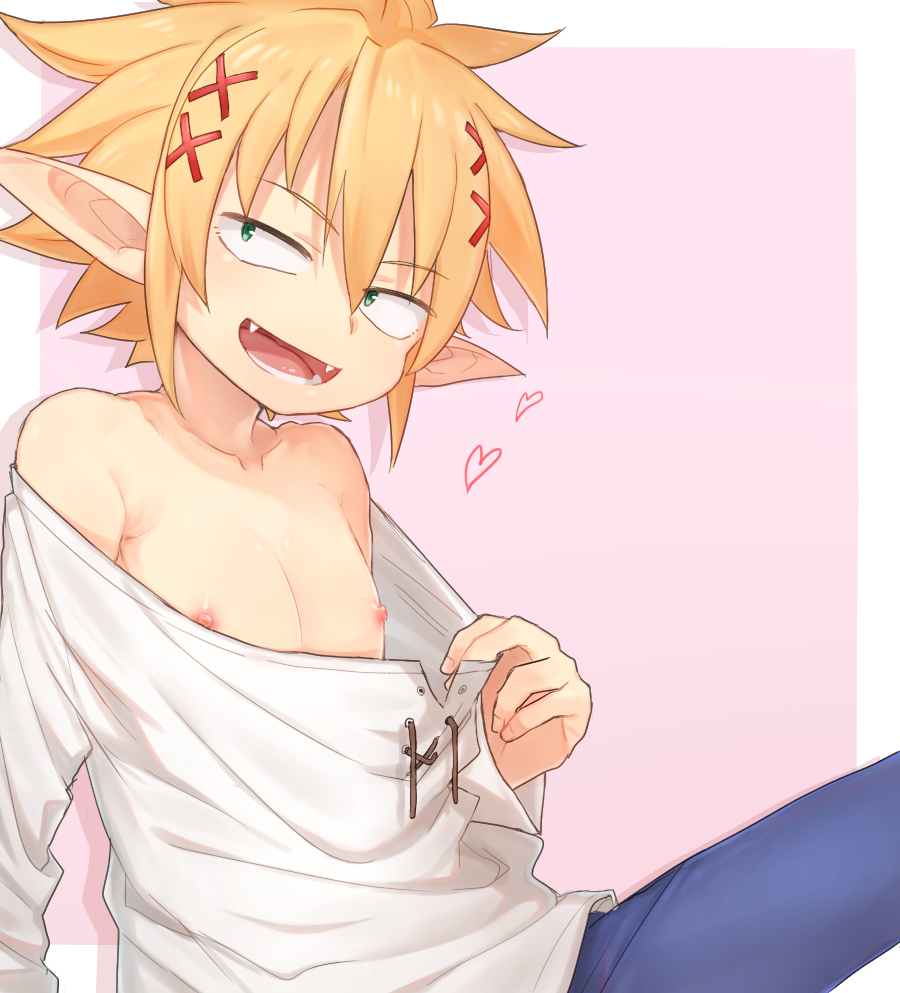 blue_bottomwear blue_clothing bottomwear clothed clothing clothing_pull collarbone elf hair humanoid humanoid_pointy_ears ishuzoku_reviewers komiya_harumoto nipples not_furry off_shoulder orange_hair partially_clothed pink_nipples pink_tongue solo teeth tongue topwear zel_(ishuzoku_reviewers)