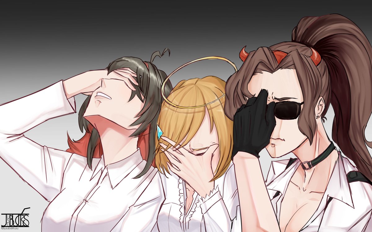 3girls ahoge bangs black_gloves black_hair blonde_hair breasts brown_hair cleavage collarbone colored_inner_hair commentary demon_horns english_commentary enma-chan facepalm glasses gloves halo hand_over_face hololive hololive_english horns j-chad jenma-chan jusubakkusu long_hair meme multicolored_hair multiple_girls ponytail red_hair shirt sunglasses triangle_hair_ornament white_shirt