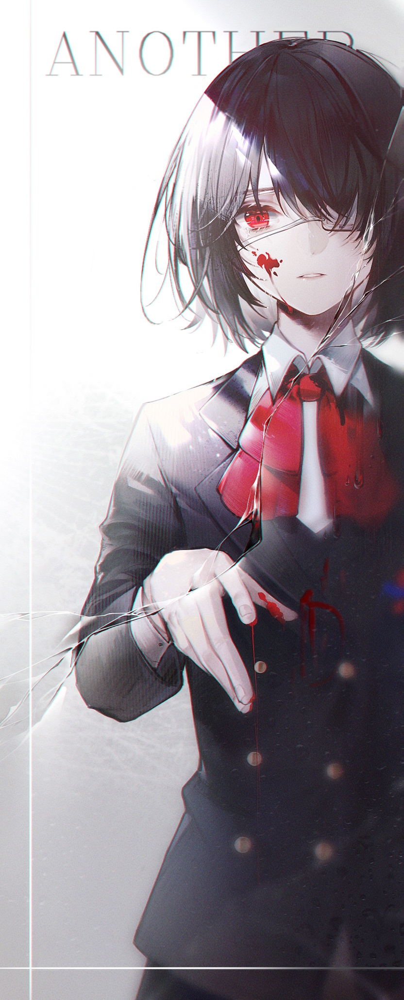 1girl another bai_qi-qsr bangs black_hair black_jacket blood blood_on_face bloody_hands blush broken_glass buttons collared_shirt commentary copyright_name double-breasted glass hair_over_one_eye hand_up highres jacket long_sleeves looking_at_viewer misaki_mei parted_lips red_eyes red_neckwear red_ribbon ribbon school_uniform shirt short_hair skirt solo teeth upper_body white_eyepatch white_shirt