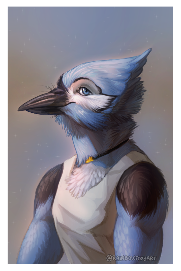 anthro avian beak bird blue_body blue_eyes blue_feathers blue_jay bust_portrait chest_tuft clothing corvid feathers jay_(bird) jewelry looking_at_viewer male necklace new_world_jay oscine passerine portrait rainbowfoxy shirt smile solo tank_top topwear tuft