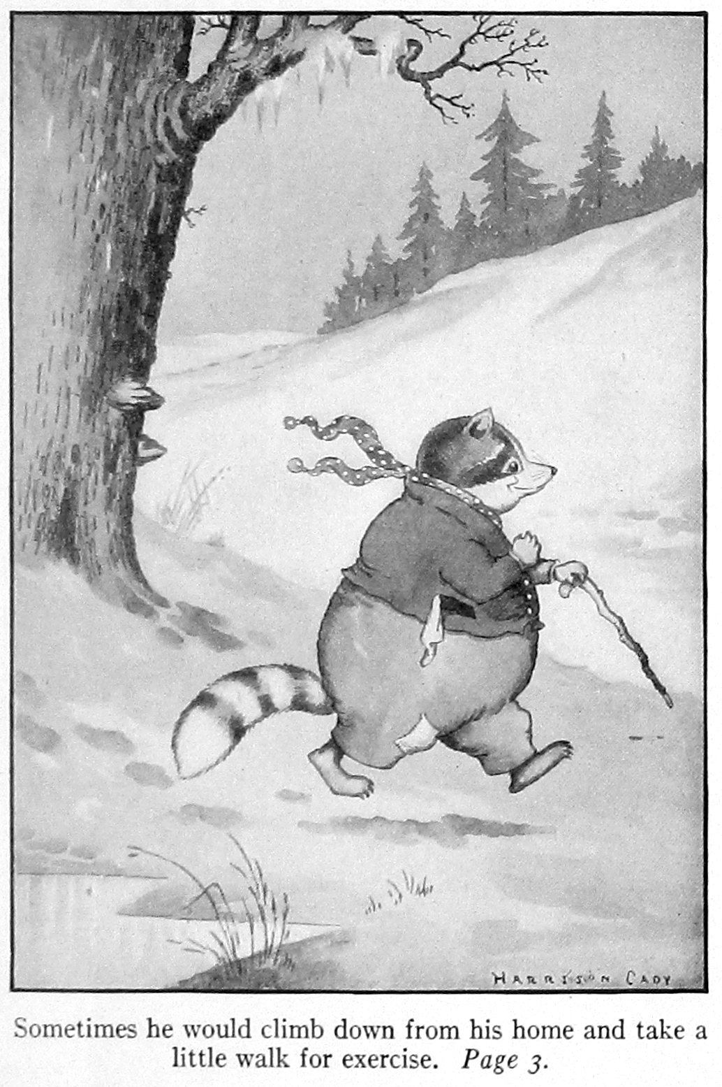 1918 20th_century ancient_furry_art anthro barefoot black_body black_fur bobby_coon bottomwear button_(fastener) cane clothed clothing detailed_background english_text feet fully_clothed fungus fur greyscale harrison_cady hi_res holding_object ice male mammal monochrome outside pants plant plantigrade procyonid public_domain raccoon ringtail scarf signature sky smile snow solo text traditional_media_(artwork) tree walking whiskers white_body white_fur winter