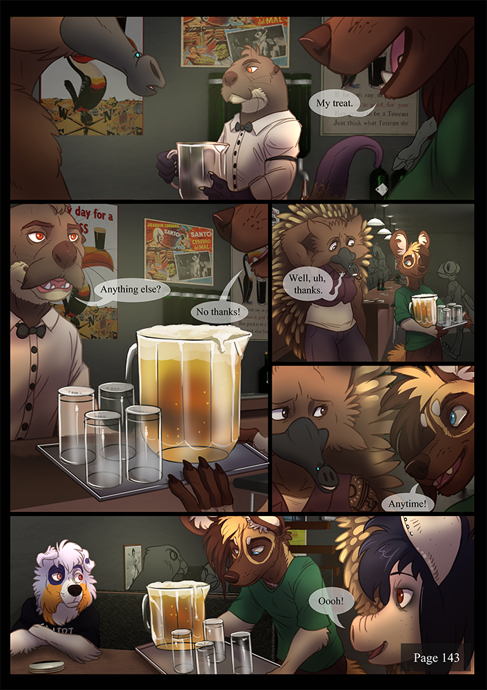 aardvark african_wild_dog alcohol andromorph anthro astrid_(sayuncle) australian_shepherd avian bar beer beer_glass beverage bird black_hair blue_eyes bottomwear bow_tie brown_body brown_bottomwear brown_clothing brown_eyes brown_fur brown_pants canid canine canis clothing comic comic_page dialogue domestic_dog ear_piercing english_text facial_piercing female fur furniture giraffe giraffid glass grey_body grey_fur group hair herding_dog inside intersex james_(sayuncle) kenzie lutrine male mammal millie_(sayuncle) mustelid nose_piercing pants pastoral_dog piercing pink_eyes porcupine poster red_eyes rodent sayuncle serving_tray sheepdog shirt spikes spots spotted_body spotted_fur t-shirt table text topwear video_games whiskers yellow_body yellow_fur