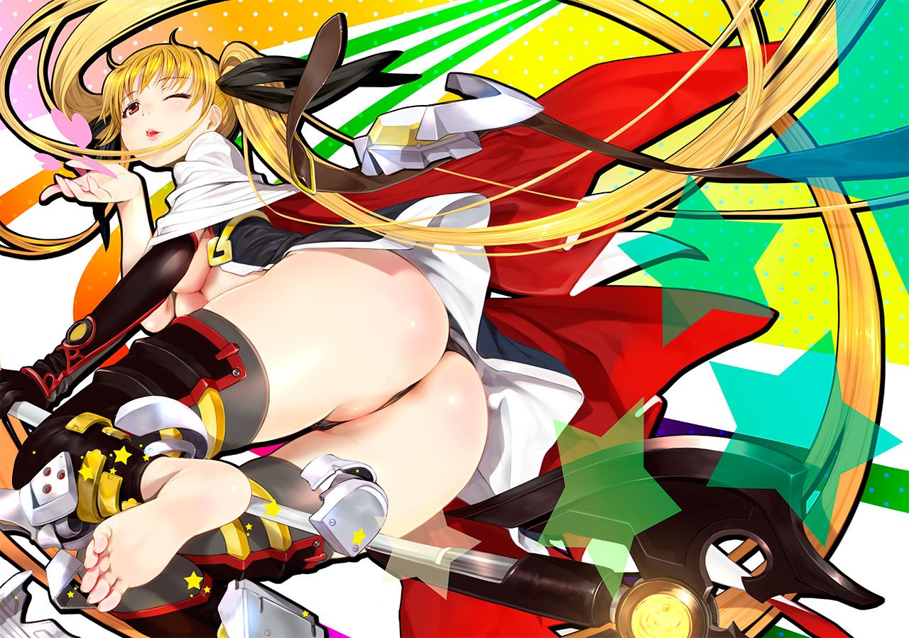 1girl ass bangs bardiche barefoot black_gloves black_legwear black_panties black_ribbon blonde_hair blown_kiss boots breasts cape commentary_request elbow_gloves fate_testarossa feet floating_hair foreshortening from_behind gloves gradient gradient_background hair_ribbon heart long_hair looking_at_viewer looking_back lyrical_nanoha magical_girl mahou_shoujo_lyrical_nanoha mahou_shoujo_lyrical_nanoha_reflection mikazuki_akira! one_eye_closed open_clothes panties partially_visible_vulva polka_dot polka_dot_background red_cape red_eyes ribbon scythe single_glove soles solo star_(symbol) thighhighs thong toes twintails underboob underwear very_long_hair white_cape