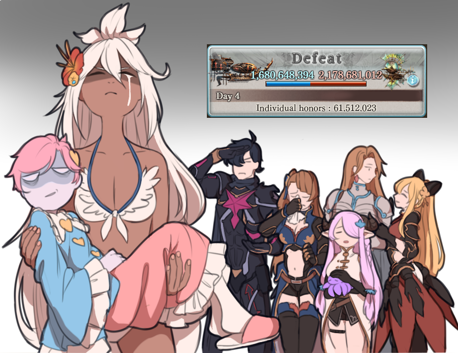 1boy 6+girls ahoge aircraft airship armor arrow bags_under_eyes beatrix_(granblue_fantasy) bikini black_hair blank_eyes blonde_hair blouse bow breasts brown_hair carrying character_request commentary crying defeat earrings eyes_closed flower frills garter_belt gloves gradient gradient_background granblue_fantasy hair_bow hair_flower hair_ornament handkerchief heart helmet holding holding_helmet horns jewelry katalina_aryze komeiji_satori leaf_hair_ornament long_hair long_sleeves mefomefo multiple_girls narmaya_(granblue_fantasy) navel octopus open_mouth pink_hair purple_hair salute shaded_face shirou_(granblue_fantasy) short_hair shorts simple_background skirt slippers swimsuit tan tears text_focus thighhighs touhou very_long_hair vira_lilie white_hair wide_sleeves zooey_(granblue_fantasy)