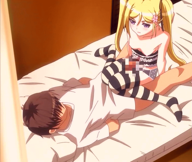 1boy 1girl animated animated_gif bdsm bed blonde_hair blush bondage bound censored cfnm clothed_female_nude_male femdom flat_chest flower gif girl_on_top hair_flower hair_ornament hetero kanojo_x_kanojo_x_kanojo orifushi_mafuyu penis pixelated_penis shiki_haruomi small_breasts stitched straight striped striped_legwear striped_thighhighs thigh_sex thighhighs thighs twintails