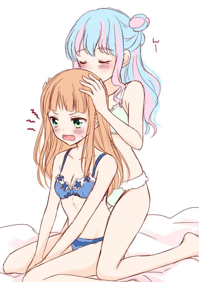 2girls :d ^_^ aikatsu!_(series) aikatsu_stars! bangs bare_arms bare_legs bare_shoulders barefoot bed_sheet blue_bra blue_panties blunt_bangs blush bra closed_eyes covered_mouth eyebrows_visible_through_hair fang frilled_bra frilled_panties frills green_eyes green_panties hair_bun hair_down hair_over_shoulder hanazono_kirara hands_on_another's_head kneeling lace-trimmed_bra lace-trimmed_panties lace_trim light_blue_hair lingerie long_hair midriff multicolored_hair multiple_girls on_bed open_mouth orange_hair panties pink_hair saotome_ako simple_background sitting smelling smile stomach streaked_hair sweatdrop tiramisu651 tsundere twitter_username underwear underwear_only white_background yuri