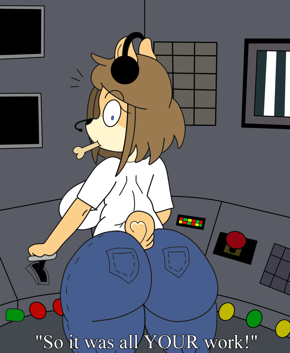 anthro big_breasts big_butt blue_eyes bottomwear breasts brown_hair butt canid canine canis caught clothed clothing crackalacking curvy_figure denim denim_clothing dog_treat domestic_dog female fully_clothed hair headgear headphones headset hi_res huge_breasts huge_butt humor jeans june_(jinu) konami looking_at_viewer looking_back mammal mature_anthro mature_female monitor pants shiba_inu shirt silent_hill solo spitz switch_(disambiguation) text thick_thighs topwear video_games voluptuous white_clothing white_shirt white_topwear wide_hips