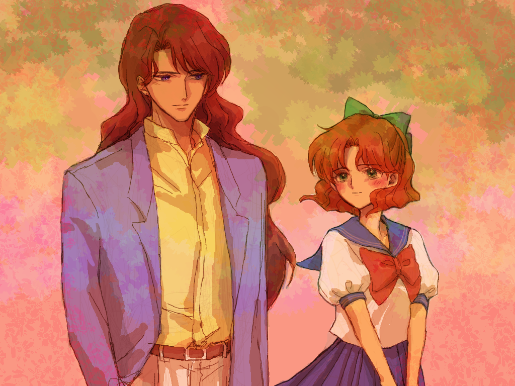 1boy 1girl age_difference bangs belt bishoujo_senshi_sailor_moon blue_sailor_collar blush bow brown_belt brown_hair closed_mouth collared_shirt commentary_request eye_contact green_bow green_eyes hair_bow jacket long_hair looking_at_another nato_(imutan723) nephrite_(sailor_moon) oosaka_naru open_clothes open_jacket pants pleated_skirt purple_jacket purple_skirt sailor_collar school_uniform shirt short_hair short_sleeves skirt white_shirt yellow_shirt