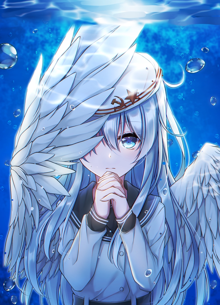 1girl black_sailor_collar blue_eyes buttons closed_mouth eyebrows_visible_through_hair feathered_wings hair_between_eyes hammer_and_sickle hibiki_(kancolle) hikobae kantai_collection long_hair long_sleeves sailor_collar sailor_shirt shirt silver_hair solo underwater upper_body verniy_(kancolle) white_headwear white_shirt wings