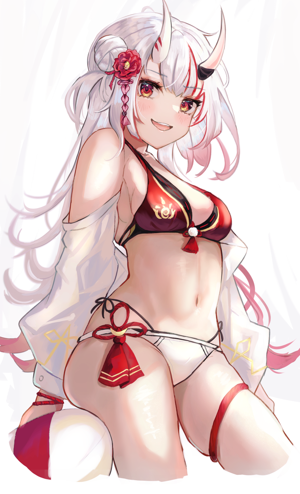 1girl :d bare_shoulders bikini blush breasts cleavage cropped_legs detached_sleeves hair_bun highres hololive horns long_sleeves looking_at_viewer mismatched_bikini multicolored_hair nakiri_ayame oni_horns open_mouth panipo red_bikini red_eyes red_hair red_ribbon ribbon side_bun silver_hair simple_background small_breasts smile solo streaked_hair swimsuit tassel thigh_strap two-tone_hair virtual_youtuber white_background white_bikini