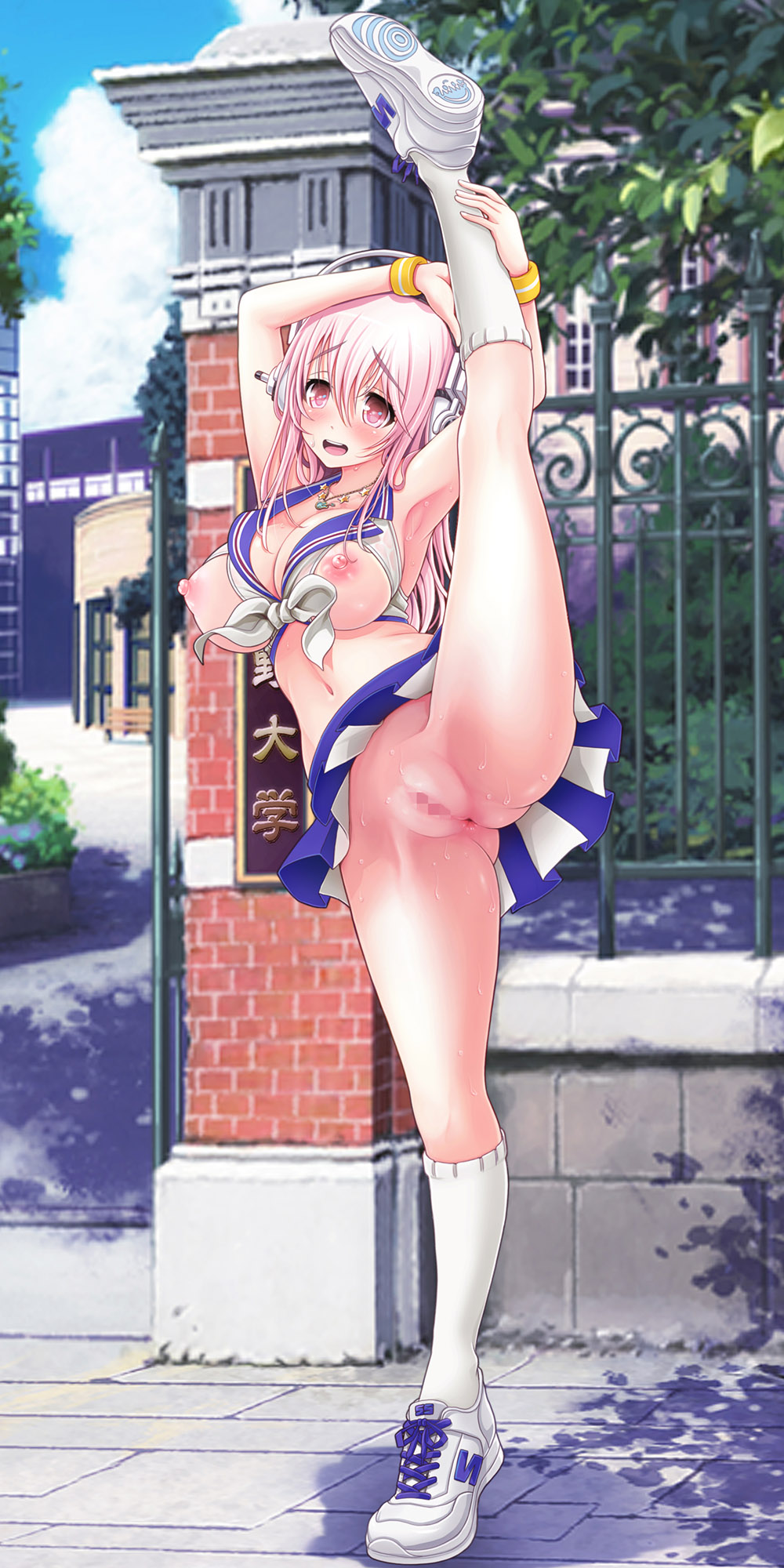 1girl anus armpits arms_up ass blush breast_cutout breasts censored cheerleader cleavage crop_top full_body headphones highres kneehighs kneepits large_breasts leg_lift leg_up legs lifted_by_self long_hair looking_at_viewer midriff miniskirt mosaic_censoring navel nipples nitroplus no_panties open_mouth outdoors photoshop_(medium) pink_eyes pink_hair pussy shirt shoes skirt skirt_lift smile sneakers solo split standing standing_on_one_leg standing_split striped striped_skirt super_sonico thighs v-mag white_footwear white_legwear white_shirt wristband