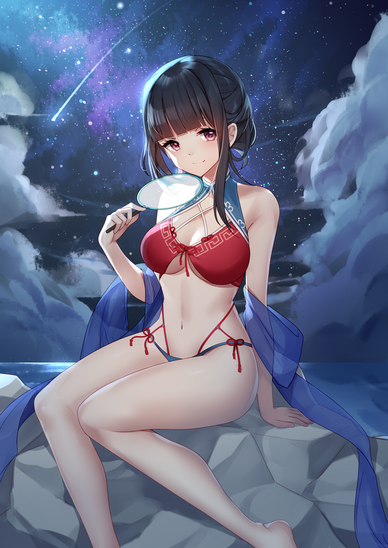 1girl arm_support bangs bare_shoulders bikini bison_cangshu black_hair blue_bikini blunt_bangs breasts character_request check_copyright cleavage closed_mouth cloud copyright_request fan holding long_hair looking_at_viewer medium_breasts mismatched_bikini navel night night_sky ocean outdoors red_bikini red_eyes shawl shooting_star side-tie_bikini sidelocks sitting sky smile solo star_(sky) stomach swimsuit thighs underboob warship_girls_r yat_sen_(warship_girls_r)