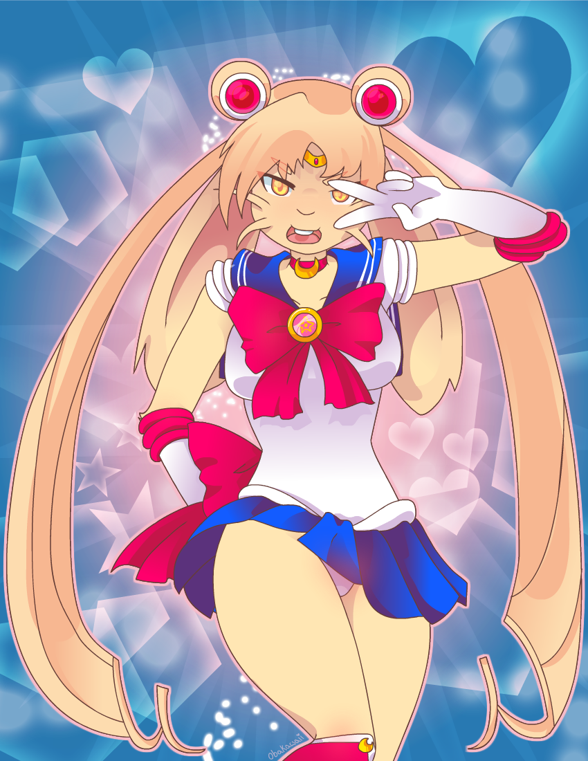 &lt;3 anthro blonde_hair boots bottomwear bow buckteeth clothed clothing collar crown female footwear fur gem gloves hair handwear lagomorph leporid long_hair magical_girl_outfit mammal obakawaii panties rabbit raised_bottomwear raised_clothing raised_skirt sailor_moon_(character) sailor_moon_(series) skirt solo teeth tiara underwear whiskers yellow_body yellow_fur