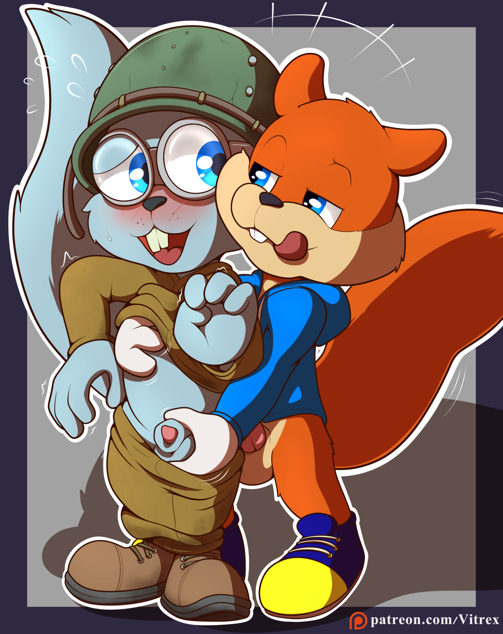 animal_genitalia animal_penis anthro ball_fondling balls blue_eyes blush bottomless clothed clothing conker conker's_bad_fur_day conker_the_squirrel digital_media_(artwork) duo erection fondling genitals hi_res male male/male mammal open_mouth penis rareware rodent sciurid sex sheath text tongue tongue_out topwear tree_squirrel url video_games vitrex