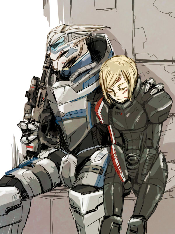 1boy 1girl alien armor blonde_hair blood blood_on_face closed_eyes commander_shepard commander_shepard_(female) cuts garrus_vakarian gun hand_on_another's_shoulder hetero holding holding_gun holding_weapon hugo_(coconomi) injury interspecies mass_effect monocle n7_armor open_mouth rifle science_fiction short_hair sniper_rifle turian weapon