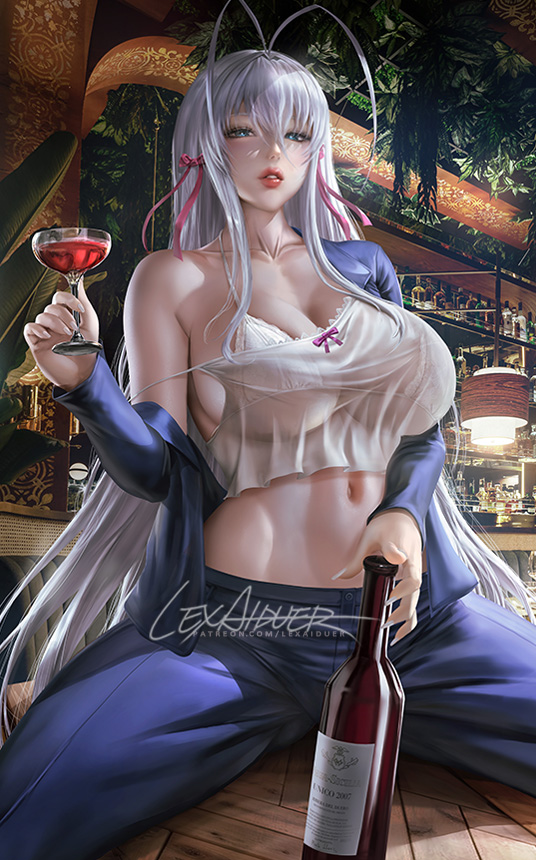 1girl antenna_hair artist_name bottle breasts cleavage collarbone cup drinking_glass formal high_school_dxd indoors large_breasts lexaiduer lips long_hair looking_at_viewer pale_skin plant rossweisse silver_hair sitting solo spread_legs suit wine_bottle wine_glass