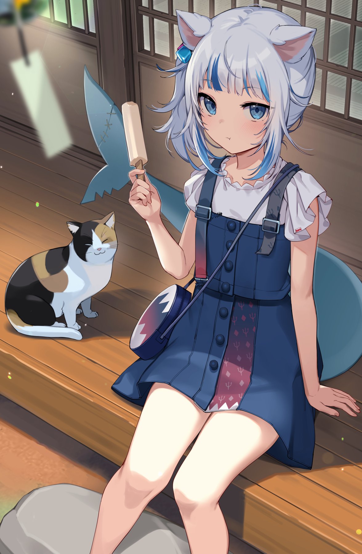 1girl animal animal_ears bag bangs banned_artist blue_dress blue_eyes blue_hair blunt_bangs buttons cat cat_ears commentary_request dress eating fish_tail food gawr_gura hair_ornament highres holding hololive hololive_english icomochi looking_at_viewer multicolored_hair popsicle shark_tail short_sleeves side_ponytail sitting solo tail thighs two-tone_hair virtual_youtuber white_hair