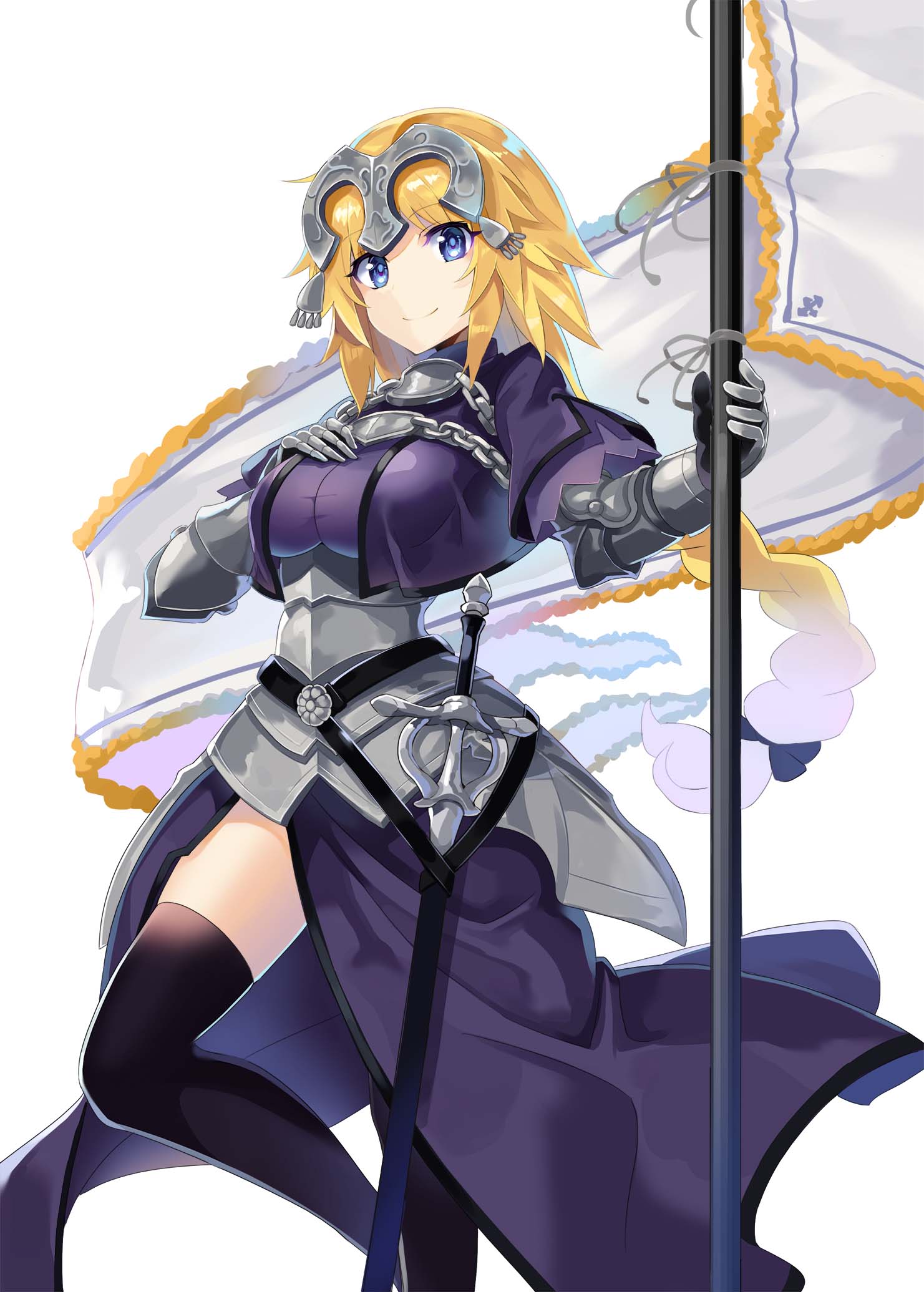 1girl armor armored_dress black_legwear blonde_hair blue_eyes braid braided_ponytail breasts chain dress fate/apocrypha fate/grand_order fate_(series) flag headpiece highres holding holding_flag jeanne_d'arc_(fate) jeanne_d'arc_(fate)_(all) long_hair looking_at_viewer rin_falcon simple_background smile solo sword thighs weapon white_background