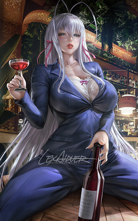 1girl antenna_hair artist_name bottle breasts cleavage collarbone cup drinking_glass formal high_school_dxd indoors large_breasts lexaiduer lips long_hair looking_at_viewer pale_skin plant rossweisse silver_hair sitting solo spread_legs suit wine_bottle wine_glass