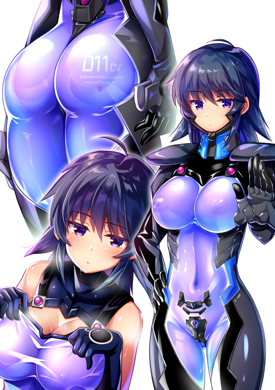 1girl ahoge ak1222dece armor arms_at_sides ass ayamine_kei black_bodysuit blue_bodysuit blue_hair bodysuit breasts cameltoe cleavage closed_mouth clothes_writing covered_collarbone covered_navel covered_nipples cowboy_shot eyebrows_visible_through_hair fortified_suit from_behind grey_bodysuit hand_on_hip hand_up highres jitome large_breasts looking_at_viewer medium_hair multicolored multicolored_bodysuit multicolored_clothes multiple_views muvluv muvluv_alternative open_hand parted_lips pilot_suit purple_eyes romaji_text shiny shiny_clothes shiny_hair shoulder_armor simple_background skin_tight spaulders spiked_hair standing steam sweat translated undressing white_background