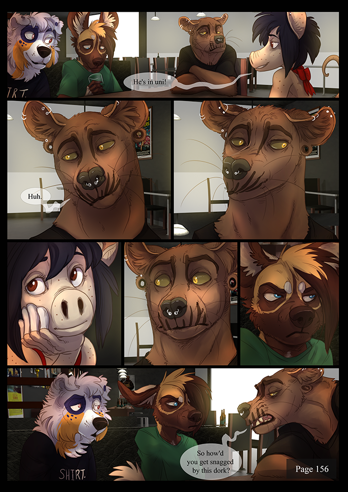 aardvark african_wild_dog andromorph anthro australian_shepherd bar bare_skin black_t-shirt brown_body brown_fur canid canine canis comic comic_page dialogue domestic_dog ear_piercing ear_ring euplerid facial_piercing fossa fur furniture green_t-shirt grey_body grey_fur group herding_dog inside intersex james_(sayuncle) javier male mammal millie_(sayuncle) nose_piercing pastoral_dog piercing sad sayuncle sheepdog sitting speech_bubble table whiskers white_body white_fur yellow_body yellow_fur