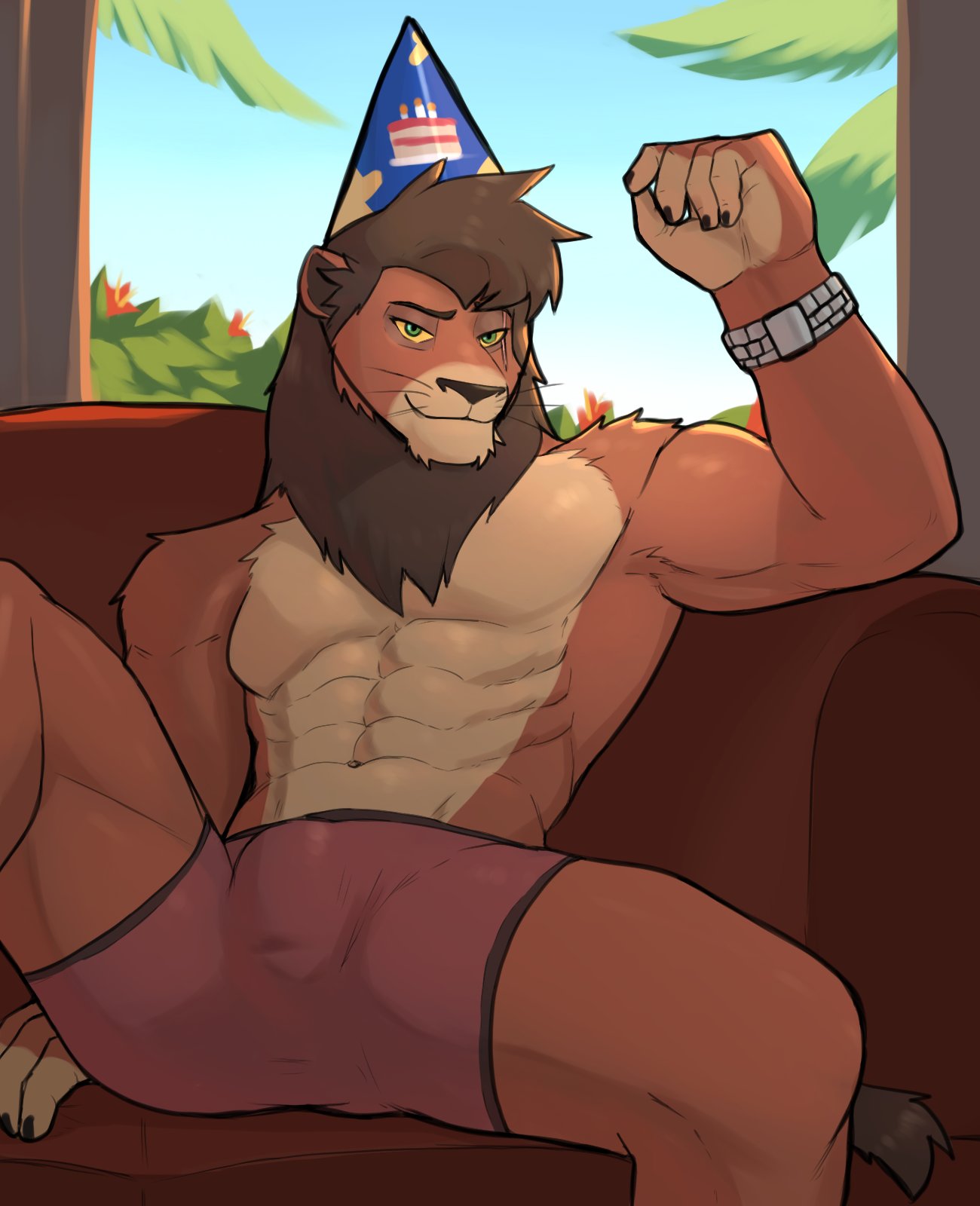 2021 abs anthro anthrofied biceps birthday_hat bracelet bulge chair clothed clothing disney felid furniture hi_res inside jewelry jrjresq kovu lion looking_at_viewer male mammal mane muscular muscular_anthro muscular_male navel pantherine pecs scar sitting smile solo the_lion_king topless underwear whiskers window yellow_sclera