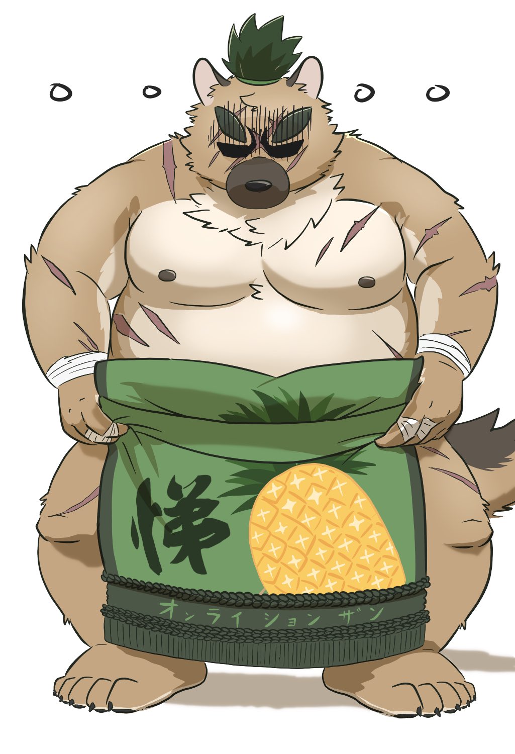 2021 anthro belly brown_body brown_fur canid canine canis domestic_dog food fruit fur hi_res hon55728 humanoid_hands japanese_text kemono male mammal moobs nipples overweight overweight_anthro overweight_male pineapple plant scar simple_background solo sumo text tokyo_afterschool_summoners video_games white_background yasuyori