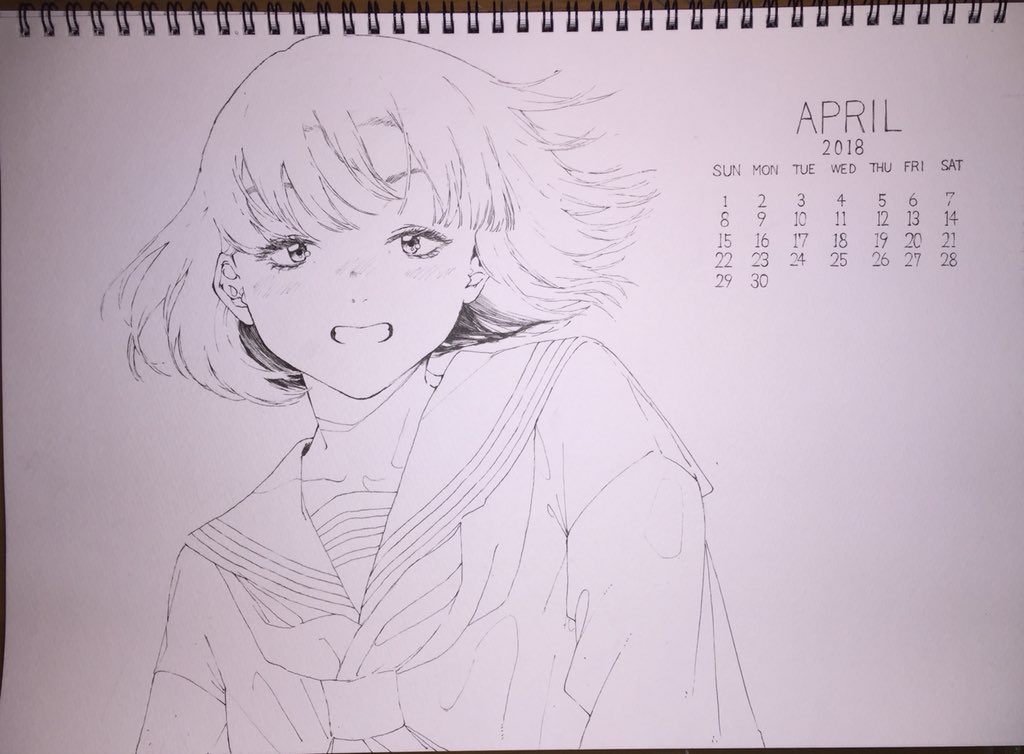 1girl april bangs calendar_(medium) greyscale kitamurashu looking_at_viewer monochrome neckerchief original sailor_collar short_hair solo traditional_media upper_body white_hair white_sailor_collar