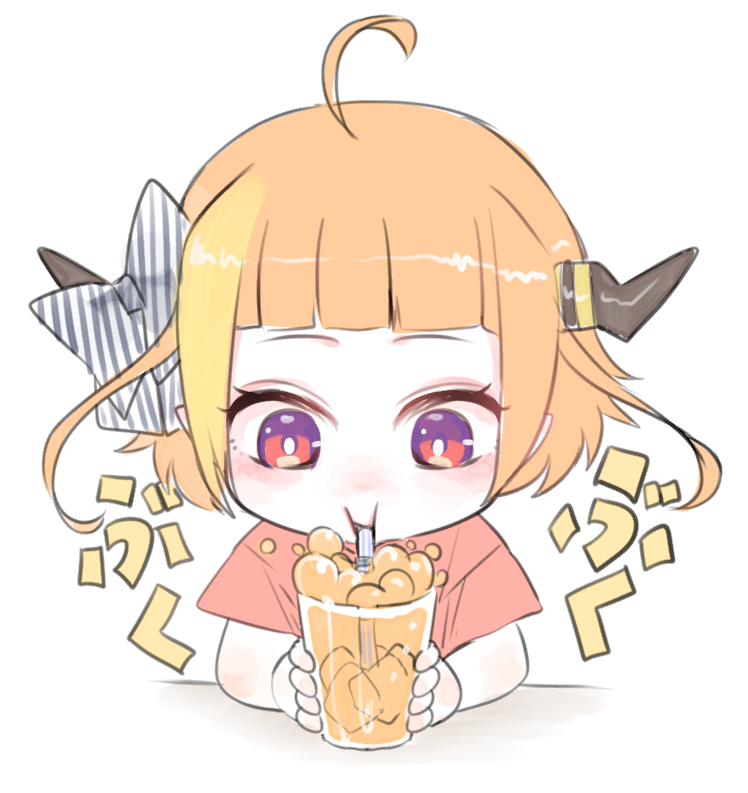 1girl ahoge alternate_costume alternate_hairstyle bangs blonde_hair blunt_bangs bow bright_pupils bubble bubble_blowing child commentary_request cup diagonal-striped_bow dragon_girl dragon_horns drinking_straw drinking_straw_in_mouth facing_viewer highlights holding holding_cup hololive horn_bow horns ice ice_cube isuka juice kiryu_coco looking_at_object multicolored multicolored_eyes multicolored_hair onomatopoeia orange_hair pointy_ears purple_eyes red_eyes short_hair short_sleeves sidelocks simple_background solo streaked_hair striped striped_bow upper_body virtual_youtuber white_background white_pupils younger