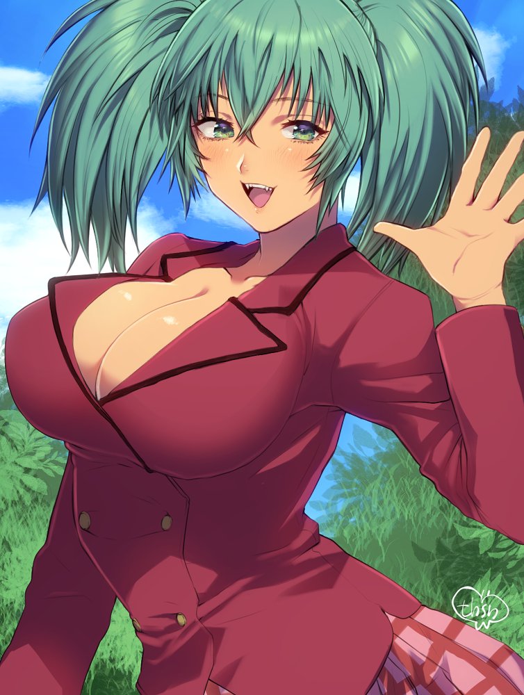 1girl breasts cleavage green_eyes green_hair ikkitousen large_breasts long_hair looking_at_viewer murata_tefu open_mouth plaid ryofu_housen school_uniform skirt smile solo twintails