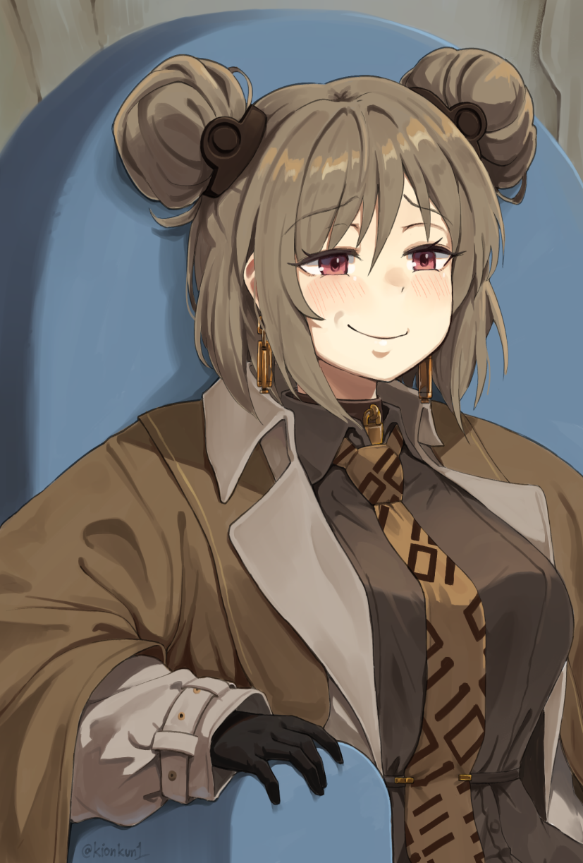 1girl blush breasts brown_hair commission couch double_bun girls_frontline highres kion-kun medium_breasts meme official_alternate_costume p90_(girls_frontline) pixiv_request pooh short_hair sitting smile smug solo twitter_username winnie_the_pooh