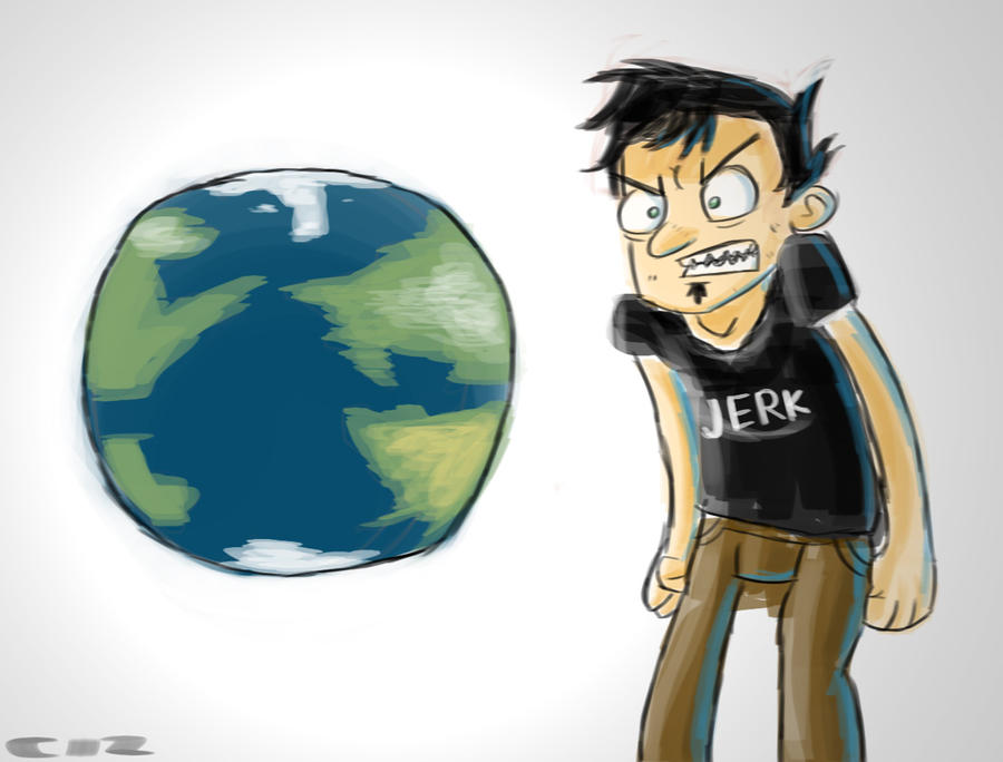 1boy angry artist_request black_hair black_shirt brown_pants dan_(dan_vs.) dan_vs. earth_(planet) facial_hair goatee green_eyes ice ocean pants planet shirt signature simple_background solo source_request teeth white_background